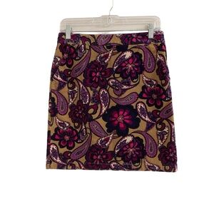 Ann Taylor Tan Pink Retro Paisley Floral Corduroy Cotton Skirt Size 2 Boho